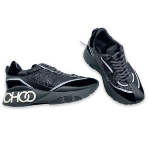 JIMMY CHOO Raine Black Glitter Calf Leather Chunky Sneakers Women's Size 36.5